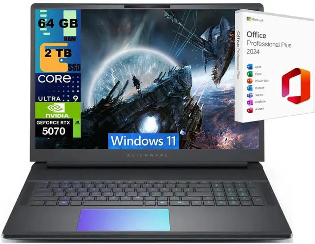 Main image of Alienware 18 Gaming Laptop, 18" QHD+ 165Hz, Intel Core Ultra 9 275HX 24-Core Processor, GeForce RTX 5070 8 GB, 64GB DDR5  2TB PCIe SSD, Backlit KB, Windows 11 ,Office 2024 License