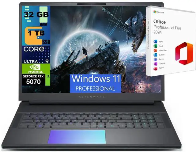 Main image of Alienware 18 Gaming Laptop, 18" QHD+ 165Hz, Intel Core Ultra 9 275HX 24-Core Processor, GeForce RTX 5070 8 GB, 32GB DDR5  1TB PCIe SSD, Backlit KB, Windows 11 Pro ,Office 2024 License