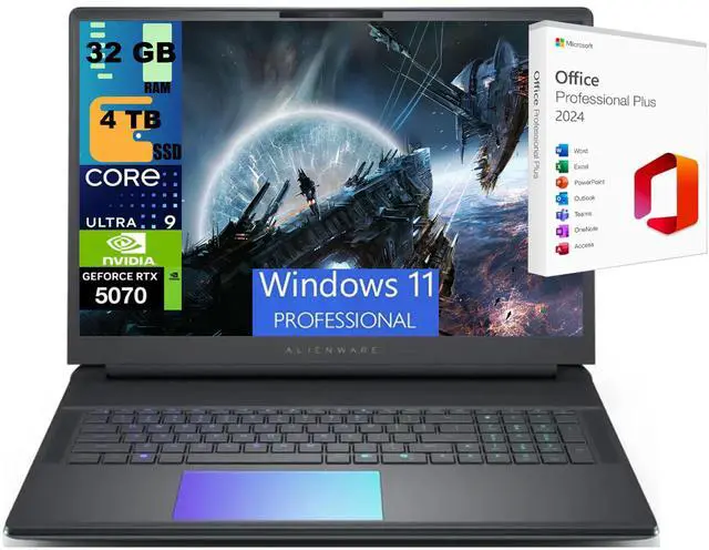 Main image of Alienware 18 Gaming Laptop, 18" QHD+ 165Hz, Intel Core Ultra 9 275HX 24-Core Processor, GeForce RTX 5070 8 GB, 32GB DDR5  4TB  PCIe SSD, Backlit Keyboard, Windows 11 Pro ,Office 2024 License