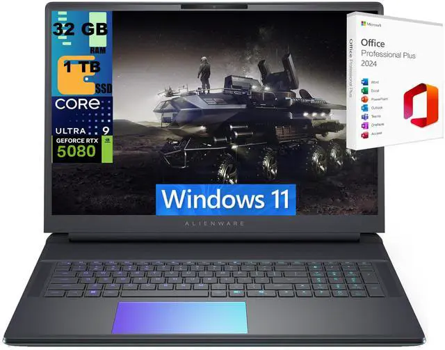Main image of Alienware 18 Gaming Laptop, 18" QHD+ 165Hz, Intel Core Ultra 9 275HX 24-Core Processor, GeForce RTX 5080, 16GB GDDR7, 32GB DDR5  1TB PCIe SSD, Backlit Keyboard, Windows 11 ,Office 2024 License