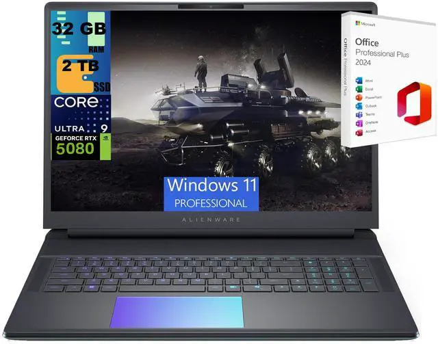 Main image of Alienware 18 Gaming Laptop, 18" QHD+ 165Hz, Intel Core Ultra 9 275HX 24-Core Processor, GeForce RTX 5080, 16GB GDDR7, 32GB DDR5  2TB PCIe SSD, Backlit Keyboard, Windows 11 Pro ,Office 2024 License
