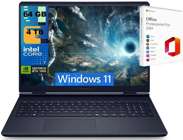 Main image of Alienware 16 Gaming Laptop, 16" QHD+ (2560 x 1600) 120Hz, Intel Core 7 240H 10 cores Processor, NVIDIA GeForce RTX 5060 8GB GDDR7, 64GB DDR5  4TB PCIe SSD, Wi-Fi 7, Windows 11 ,Office 2024 License