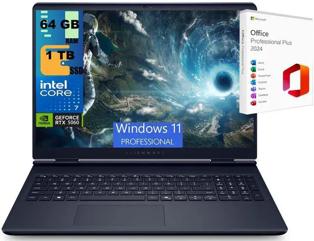 Main image of Alienware 16 Gaming Laptop, 16" QHD+ (2560 x 1600) 120Hz, Intel Core 7 240H 10 cores Processor, NVIDIA GeForce RTX 5060 8GB GDDR7, 64GB DDR5  1TB PCIe SSD, Wi-Fi 7, Windows 11 Pro ,Office 2024 License