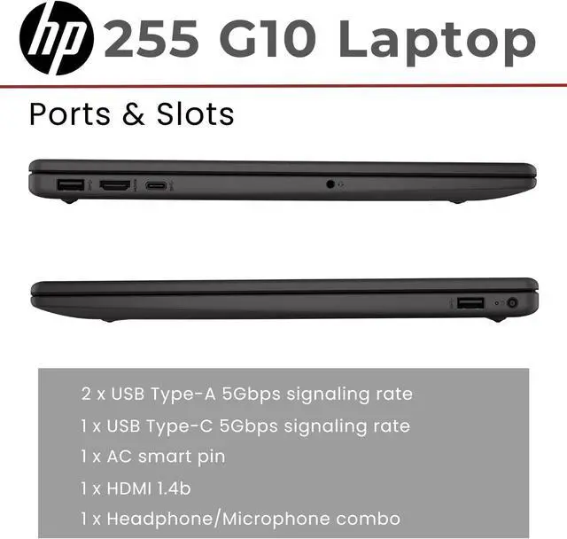 Alt view image 5 of 5 - HP 255 G10 15 Laptop, 15.6" FHD Display, AMD Ryzen 7 7730U 8 Cores Processor, AMD Radeon Graphics, 16GB DDR4 2TB PCIe SSD, Webcam, Wi-Fi 6, Windows 11