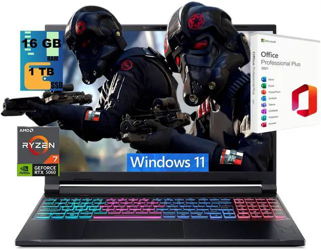 Main image of Acer Nitro V 16S Gaming Laptop, 16" WUXGA 180Hz Display, AMD Ryzen 7 260 8-core Processor, NVIDIA GeForce RTX 5060 8GB GDDR7, 16GB DDR5 1TB PCIe SSD, Wi-Fi 6, Windows 11, Office 2021 License