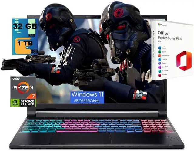 Main image of Acer Nitro V 16S Gaming Laptop, 16" WUXGA 180Hz Display, AMD Ryzen 7 260 8-core Processor, NVIDIA GeForce RTX 5060 8GB GDDR7, 32GB DDR5 1TB PCIe SSD, Wi-Fi 6, Windows 11 Pro, Office 2021 License
