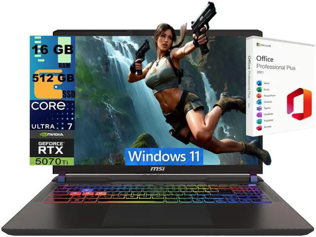 Main image of MSI Vector 16 Gaming Laptop, 16" WQXGA 240Hz, Intel Core Ultra 7 255HX 20 Cores, GeForce RTX 5070 Ti 12GB GDDR7, 16GB DDR5 512GB PCIe SSD, 24 Zone RGB, Windows 11, Office 2021 License