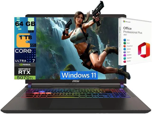 Main image of MSI Vector 16 Gaming Laptop, 16" WQXGA 240Hz, Intel Core Ultra 7 255HX 20 Cores, GeForce RTX 5070 Ti 12GB GDDR7, 64GB DDR5 1TB PCIe SSD, 24 Zone RGB, Windows 11, Office 2021 License