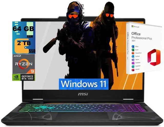 Main image of MSI Cyborg A15 Gaming Laptop, 15.6" FHD 144Hz, AMD Ryzen 9 270 8 Cores Processor, NVIDIA GeForce RTX 5060 8GB GDDR7, 64GB DDR5 2TB PCIe SSD, Wi-Fi 6E, Windows 11, Office 2021 License