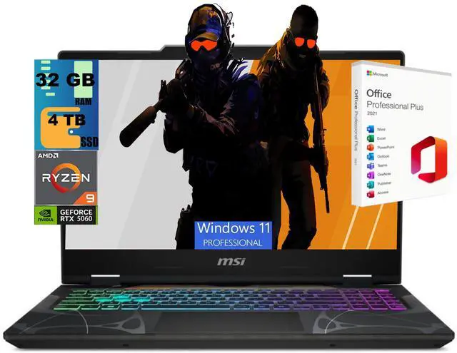 Main image of MSI Cyborg A15 Gaming Laptop, 15.6" FHD 144Hz, AMD Ryzen 9 270 8 Cores Processor, NVIDIA GeForce RTX 5060 8GB GDDR7, 32GB DDR5 4TB PCIe SSD, Wi-Fi 6E, Windows 11 Pro, Office 2021 License
