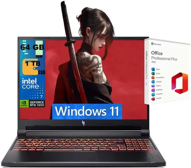 Main image of Acer Nitro V 16 Gaming Laptop, 16" WUXGA 180Hz Display, Intel Core 7 240H 10-Core Processor, NVIDIA GeForce RTX 5050 8 GB, 64GB DDR5 1TB PCIe SSD, Wi-Fi 6, Windows 11, Office 2021 License