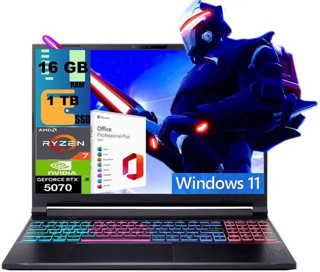 Main image of Acer Nitro V 16 Gaming Laptop, 16" WQXGA 180Hz Display, AMD 8-core Ryzen 7 260 Processor, NVIDIA GeForce RTX 5070 8GB GDDR7, 16GB DDR5 1TB PCIe SSD, Wi-Fi 6, Windows 11, Office 2021 License