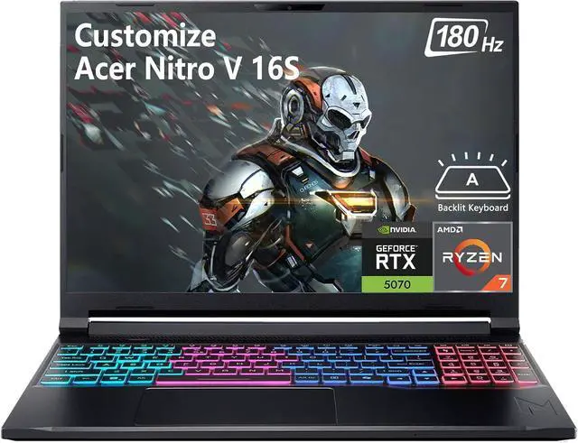 Alt view image 2 of 6 - Acer Nitro V 16 Gaming Laptop, 16" WQXGA (2560 x 1600) 180Hz Display, AMD 8-core Ryzen 7 260 Processor, NVIDIA GeForce RTX 5070 8GB GDDR7, 16GB DDR5 512GB PCIe SSD, Wi-Fi 6, Windows 11