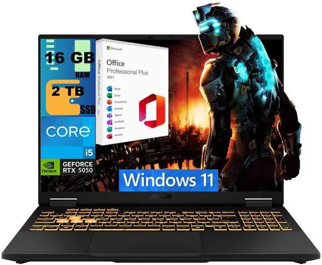 Main image of ASUS TUF F16 Gaming Laptop, 16" WUXGA 165Hz, Intel 10-core i5-13450HX Processor, NVIDIA GeForce RTX 5050 8GB GDDR7, 16GB DDR5 2TB PCIe SSD, RGB Backlit, Windows 11, Office 2021 License