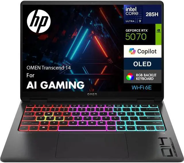 Alt view image 2 of 6 - HP Omen Transcend 14 Gaming AI Laptop, 14" 3K (2880x1800) OLED 120Hz Display, Intel 16-core Ultra 9 285H Processor, NVIDIA GeForce RTX 5070 8GB Graphic, 16GB DDR5 512GB PCIe SSD, Windows 11