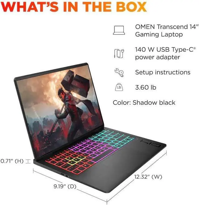 Alt view image 6 of 6 - HP Omen Transcend 14 Gaming AI Laptop, 14" 3K (2880x1800) OLED 120Hz Display, Intel 16-core Ultra 9 285H Processor, NVIDIA GeForce RTX 5070 8GB Graphic, 16GB DDR5 512GB PCIe SSD, Windows 11