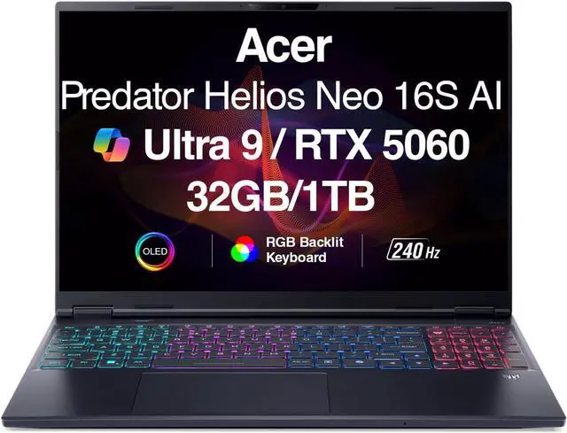 Alt view image 2 of 6 - Acer Predator Helios Neo 16S AI Gaming Laptop, 16" WQXGA 240Hz, Intel Core Ultra 9 275HX 24-Core Processor, NVIDIA GeForce RTX 5060 8 GB GDDR7, 32GB DDR5 1TB PCIe SSD, Wi-Fi 6E, Windows 11 Pro