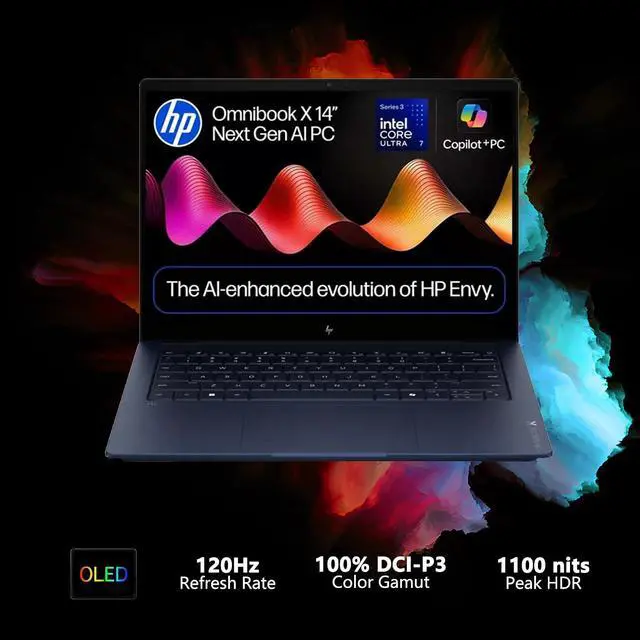 Alt view image 3 of 6 - HP OmniBook X 14 Laptop, 14" 3K (2880 x 1800) OLED 120Hz Touchscreen, Intel Octa-core Ultra 7 355 Processor, Intel Graphics, 16GB DDR4 512GB PCIe SSD, Wi-Fi 7, Windows 11 Home