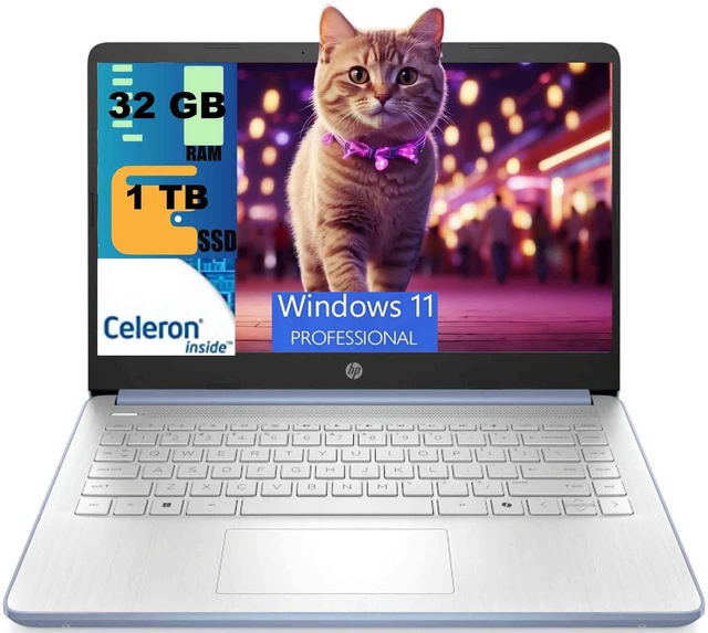 Main image of HP 14 Laptop, 14.0" HD Display, Intel Celeron N4500 2 cores processor, Intel UHD Graphics, 32GB DDR4 1TB PCIe SSD, WiFi 6, Webcam, Bluetooth 5.4, Windows 11 Pro