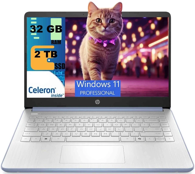 Main image of HP 14 Laptop, 14.0" HD Display, Intel Celeron N4500 2 cores processor, Intel UHD Graphics, 32GB DDR4 2TB PCIe SSD, WiFi 6, Webcam, Bluetooth 5.4, Windows 11 Pro