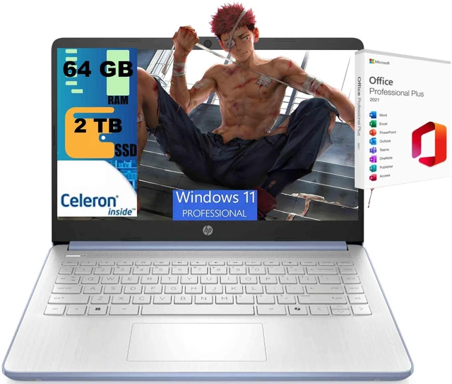 Main image of HP 14 Laptop, 14.0" HD Display, Intel Celeron N4500 2 cores processor, Intel UHD Graphics, 64GB DDR4 2TB PCIe SSD, WiFi 6, Webcam, Bluetooth 5.4, Windows 11 Pro, Office 2021 License