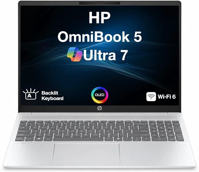 Alt view image 2 of 5 - HP OmniBook 5 16 Laptop, 16.0" OLED WUXGA Display, Intel Ultra 7-255U 12-Cores Processor, Intel Graphics, 16GB DDR5 1TB PCIe SSD, Backlit KB, WiFi 6, Webcam, Windows 11 Pro, Office 2021 License