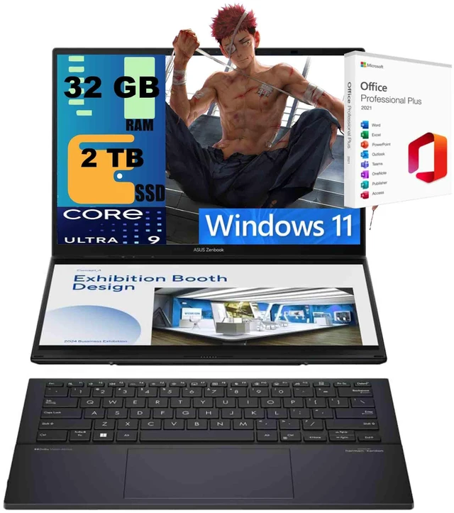 Main image of ASUS Zenbook Duo AI Powered 2-in-1 Laptop, 14.0" OLED WUXGA Touchscreen, Intel Ultra 9-285H 16-Cores Processor, Intel Arc 140V Graphics, 32GB DDR5 2TB PCIe SSD, Windows 11, Office 2021 License