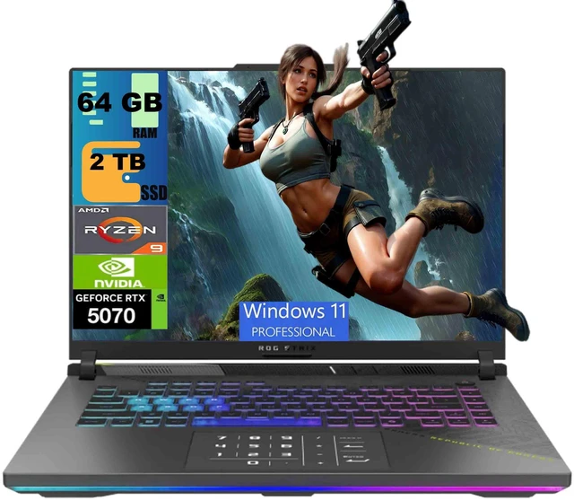 Main image of ASUS ROG Strix G16 Gaming Laptop, 16" QHD+ (2560x1600) Display, AMD Ryzen 9 9955HX 16 Cores Processor, GeForce RTX 5070 8GB GDDR7, 64GB DDR5 2TB PCIe SSD, 4-Zone RGB Backlit KB, Windows 11 Pro