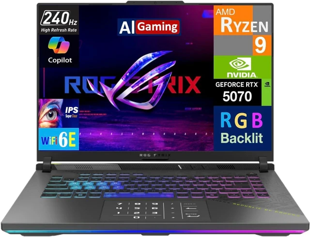 Alt view image 2 of 6 - ASUS ROG Strix G16 Gaming Laptop, 16" QHD+ (2560x1600) Display, AMD Ryzen 9 9955HX 16 Cores Processor, GeForce RTX 5070 8GB GDDR7, 64GB DDR5 1TB PCIe SSD, 4-Zone RGB Backlit KB, Windows 11 Pro
