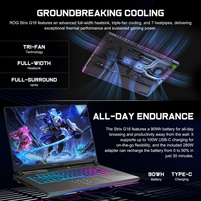 Alt view image 4 of 6 - ASUS ROG Strix G16 Gaming Laptop, 16" QHD+ (2560x1600) Display, AMD Ryzen 9 9955HX 16 Cores Processor, GeForce RTX 5070 8GB GDDR7, 64GB DDR5 1TB PCIe SSD, 4-Zone RGB Backlit KB, Windows 11 Pro