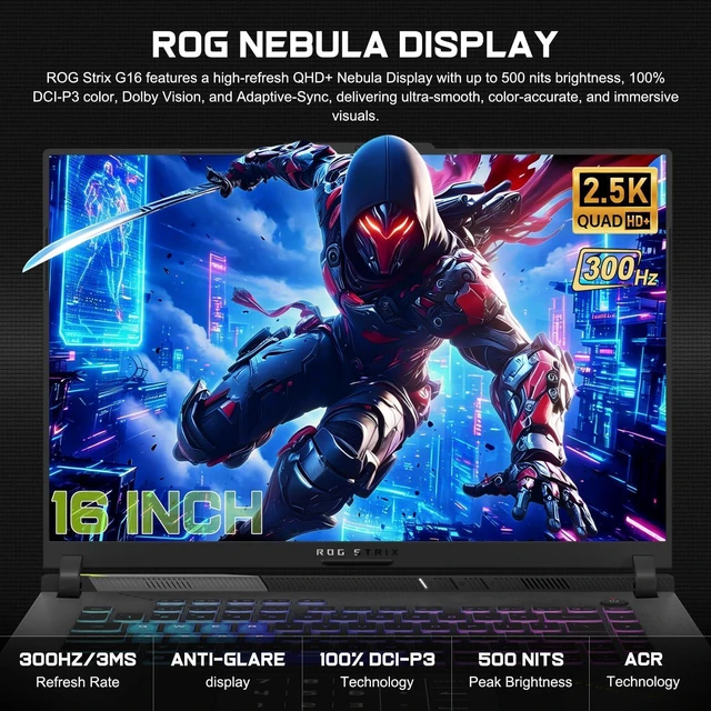 Alt view image 3 of 6 - ASUS ROG Strix G16 Gaming Laptop, 16" QHD+ (2560x1600) Display, AMD Ryzen 9 9955HX 16 Cores Processor, GeForce RTX 5070 8GB GDDR7, 64GB DDR5 1TB PCIe SSD, 4-Zone RGB Backlit KB, Windows 11 Pro