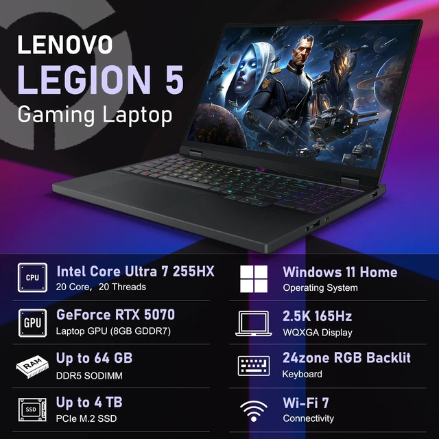 Alt view image 3 of 6 - Lenovo Legion 5 15 Gaming Laptop, 15.1" WQXGA (2560x1600) Display, Intel Core Ultra 7 255HX 20 cores Processor, NVIDIA GeForce RTX 5070 8GB GDDR7, 16GB DDR5 512GB PCIe SSD, Wi-Fi 7, Windows 11