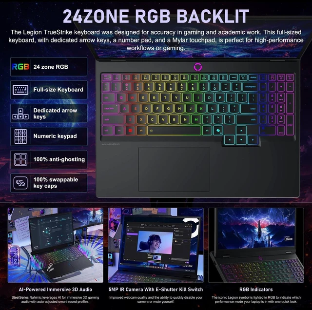 Alt view image 4 of 6 - Lenovo Legion 5 15 Gaming Laptop, 15.1" WQXGA (2560x1600) Display, Intel Core Ultra 7 255HX 20 cores Processor, NVIDIA GeForce RTX 5070 8GB GDDR7, 16GB DDR5 512GB PCIe SSD, Wi-Fi 7, Windows 11