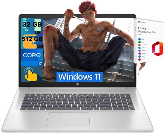Main image of HP 17 Laptop, 17.3" HD+ Touchscreen, Intel Core i5-1335U 10-core processor, Intel Iris Graphics, 32GB DDR4 512GB PCIe SSD, Wi-Fi 6, Webcam, Windows 11, Office 2021 License