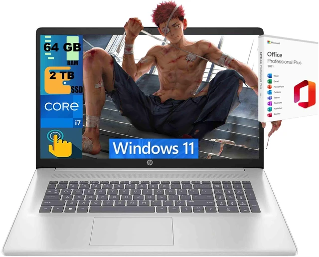 Main image of HP 17 Laptop, 17.3" HD+ Touchscreen, Intel Core i5-1335U 10-core processor, Intel Iris Graphics, 64GB DDR4 2TB PCIe SSD, Wi-Fi 6, Webcam, Windows 11, Office 2021 License