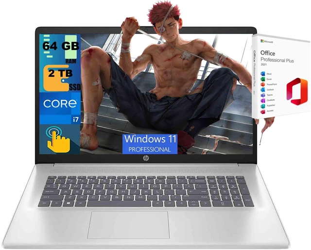 Main image of HP 17 Laptop, 17.3" HD+ Touchscreen, Intel Core i5-1335U 10-core processor, Intel Iris Graphics, 64GB DDR4 2TB PCIe SSD, Wi-Fi 6, Webcam, Windows 11 Pro, Office 2021 License