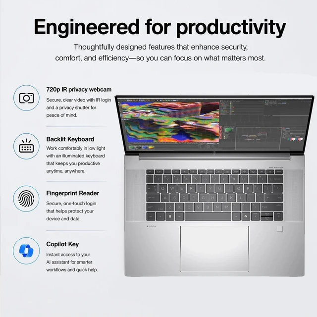 Alt view image 3 of 5 - HP ZBook G11 16 Laptop, 16" FHD+ (1920 x 1200) Display, Intel Core Ultra 7 165H 16 Cores Processor, NVIDIA RTX 1000 Ada, 32GB DDR5 1TB PCIe SSD, Backlit KB, FR,Wi-Fi 7, Windows 11 Pro