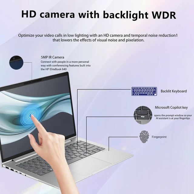 Alt view image 4 of 6 - HP Elitebook 640 14 Laptop, 14" FHD+ Touchscreen, Intel Core Ultra 7 165U 12 Cores Processor, Intel Graphics, 16GB DDR5 512GB PCIe SSD, Wi-Fi 6, Backlit KB, FR, Windows 11 Pro, Office 2021 License