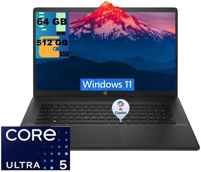 Main image of HP 17 Laptop, 17.3" HD+ (1600*900) Display, Intel Core Ultra 5 225U 12 cores Processor, Intel Graphics, 64GB DDR5 512GB PCIe SSD, Wi-Fi 6, Windows 11