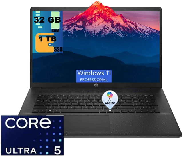 Main image of HP 17 Laptop, 17.3" HD+ (1600*900) Display, Intel Core Ultra 5 225U 12 cores Processor, Intel Graphics, 32GB DDR5 1TB PCIe SSD, Wi-Fi 6, Windows 11 Pro