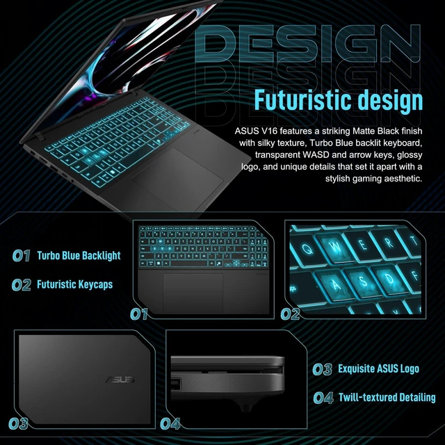 Alt view image 3 of 6 - ASUS V16 Gaming Laptop, 16" WUXGA 144Hz, Intel Core 7 240H Processor, NVIDIA GeForce RTX 5070 8GB GDDR7, 16GB DDR5 512GB PCIe SSD, Wi-Fi 6 + Bluetooth 5.3, Windows 11