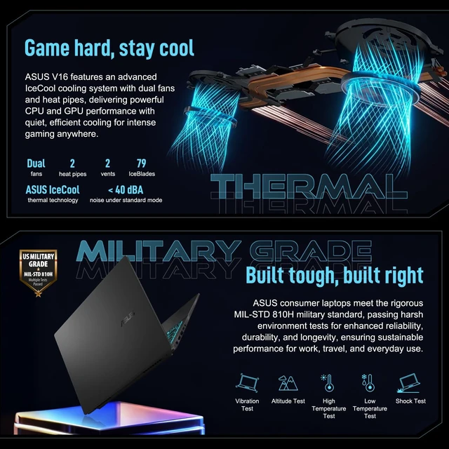 Alt view image 5 of 6 - ASUS V16 Gaming Laptop, 16" WUXGA 144Hz, Intel Core 7 240H Processor, NVIDIA GeForce RTX 5070 8GB GDDR7, 16GB DDR5 512GB PCIe SSD, Wi-Fi 6 + Bluetooth 5.3, Windows 11