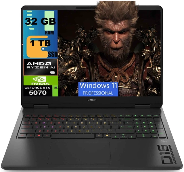 Main image of HP OMEN 16 Gaming Laptop, 16" WQXGA 240Hz, AMD Ryzen AI 9 365 10 cores Processor, NVIDIA GeForce RTX 5070 8 GB GDDR7, 32GB DDR5 1TB PCIe SSD, RGB Backlit Wi-Fi 6E, Windows 11 Pro