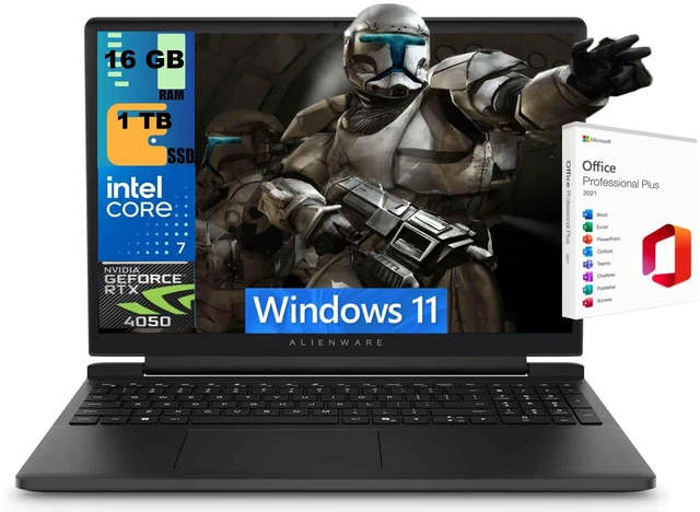 Main image of Dell Alienware 15 Gaming Laptop, 15.3" WUXGA 165Hz Display, Intel Core 7 240H 10-Core Processor, RTX 4050 6GB GDDR6, 16GB DDR5 1TB PCIe SSD, Backlit KB, Wi-Fi 6, Windows 11, Office 2021 License