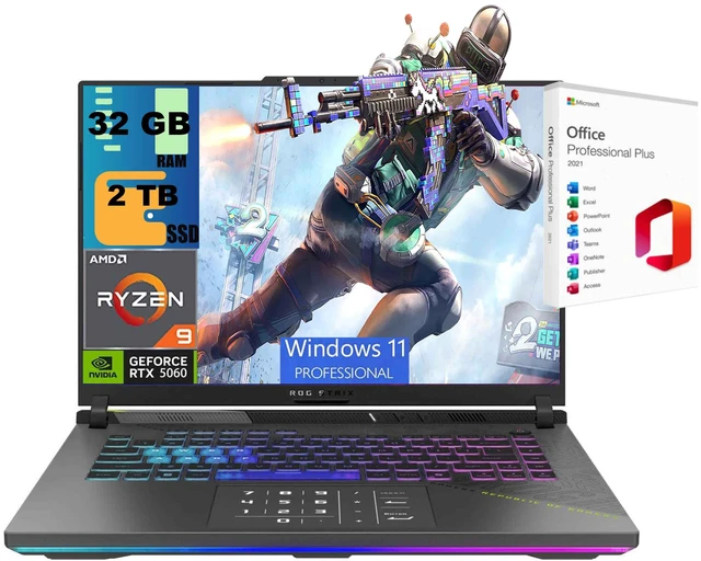 Main image of ASUS ROG Strix G16 Gaming Laptop, 16" WUXGA 165Hz Display, AMD Ryzen 9 9955HX 16 cores Processor, NVIDIA GeForce RTX 5060 8 GB GDDR7, 32GB DDR5 2TB PCIe SSD, Windows 11 Pro, Office 2021 License