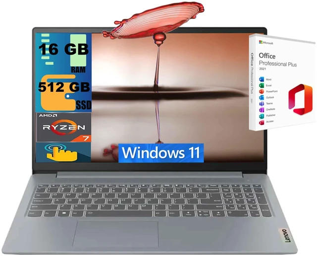 Main image of Lenovo IdeaPad Slim 3 15 Laptop, 15.6" Full HD Touchscreen, AMD Ryzen 7 5825U 8-core processor, AMD Radeon Graphics, 16GB DDR4 512GB PCIe SSD, Wi-Fi 6, Windows 11, Office 2021 License