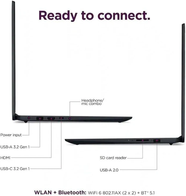 Alt view image 3 of 6 - Lenovo Ideapad 1 15 Laptop, 15.6" Full HD (1920 x 1080) Display, AMD Ryzen 5 7520U 4-core Processor, AMD Radeon 610M, 8GB DDR5 512GB PCIe SSD, Wi-Fi & Bluetooth, Windows 11 Pro, Office 2021 License