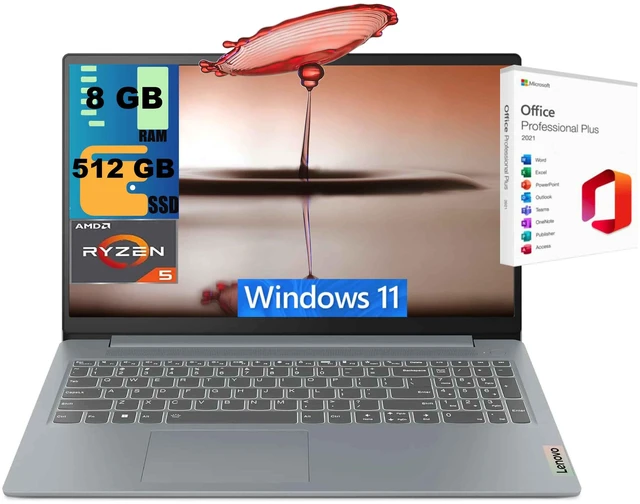 Main image of Lenovo IdeaPad Slim 3 15 Laptop, 15.6" FHD Touchscreen, AMD Ryzen 5 7520U 4-core Processor, AMD Radeon 610M, 8GB DDR5 512GB PCIe SSD, Wi-Fi & Bluetooth, Windows 11, Office 2021 License