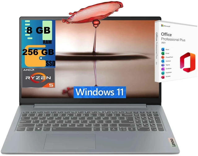 Main image of Lenovo IdeaPad Slim 3 15 Laptop, 15.6" FHD Touchscreen, AMD Ryzen 5 7520U 4-core Processor, AMD Radeon 610M, 8GB DDR5 256GB PCIe SSD, Wi-Fi & Bluetooth, Windows 11, Office 2021 License