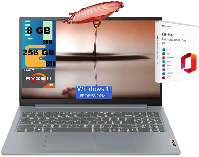 Main image of Lenovo IdeaPad Slim 3 15 Laptop, 15.6" FHD Touchscreen, AMD Ryzen 5 7520U 4-core Processor, AMD Radeon 610M, 8GB DDR5 256GB PCIe SSD, Wi-Fi & Bluetooth, Windows 11 Pro, Office 2021 License